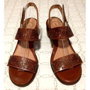 Brioso Paloma Brown Leather Laser Cut Heeled Slingback Sandals - Size 8 NWOB